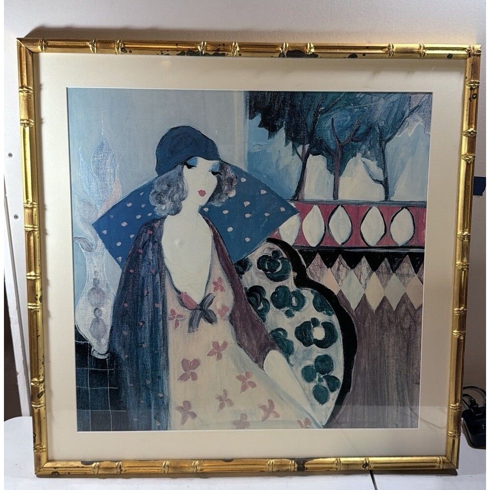 Vintage Art Deco Flapper Woman Framed Print Gold Bamboo Style Frame Wall Decor